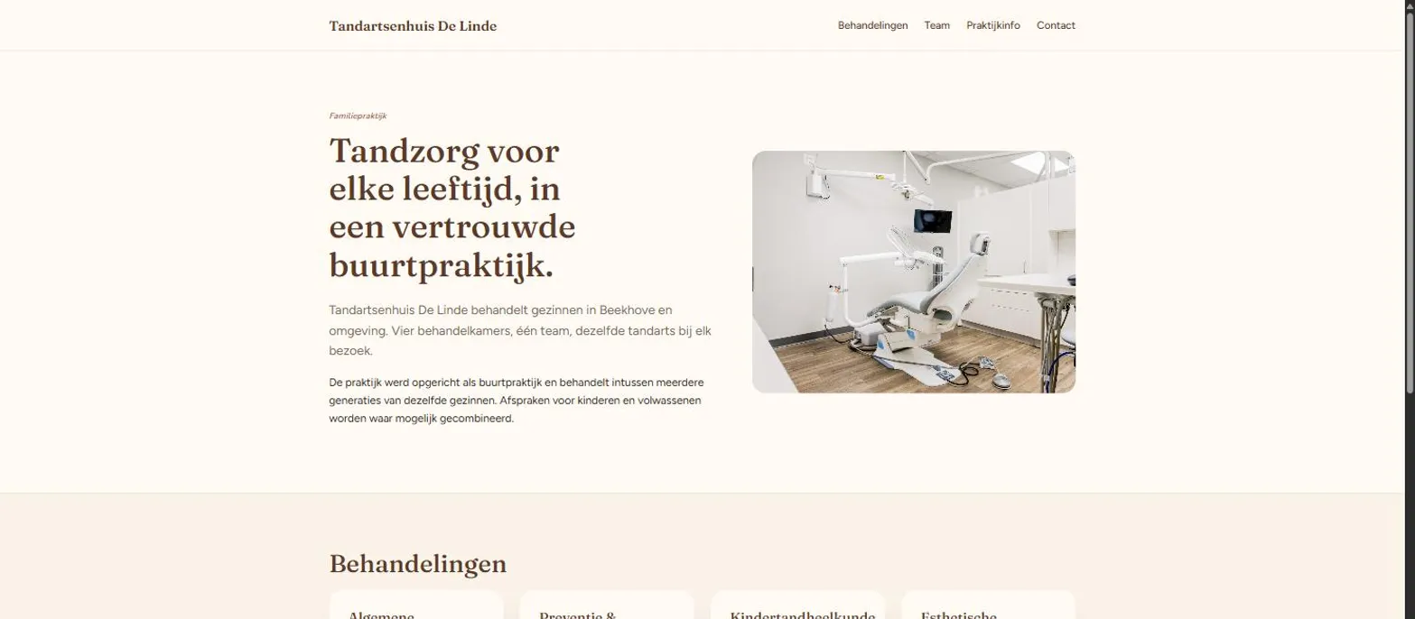 Voorbeeld van de website voor Tandartsenhuis De Linde