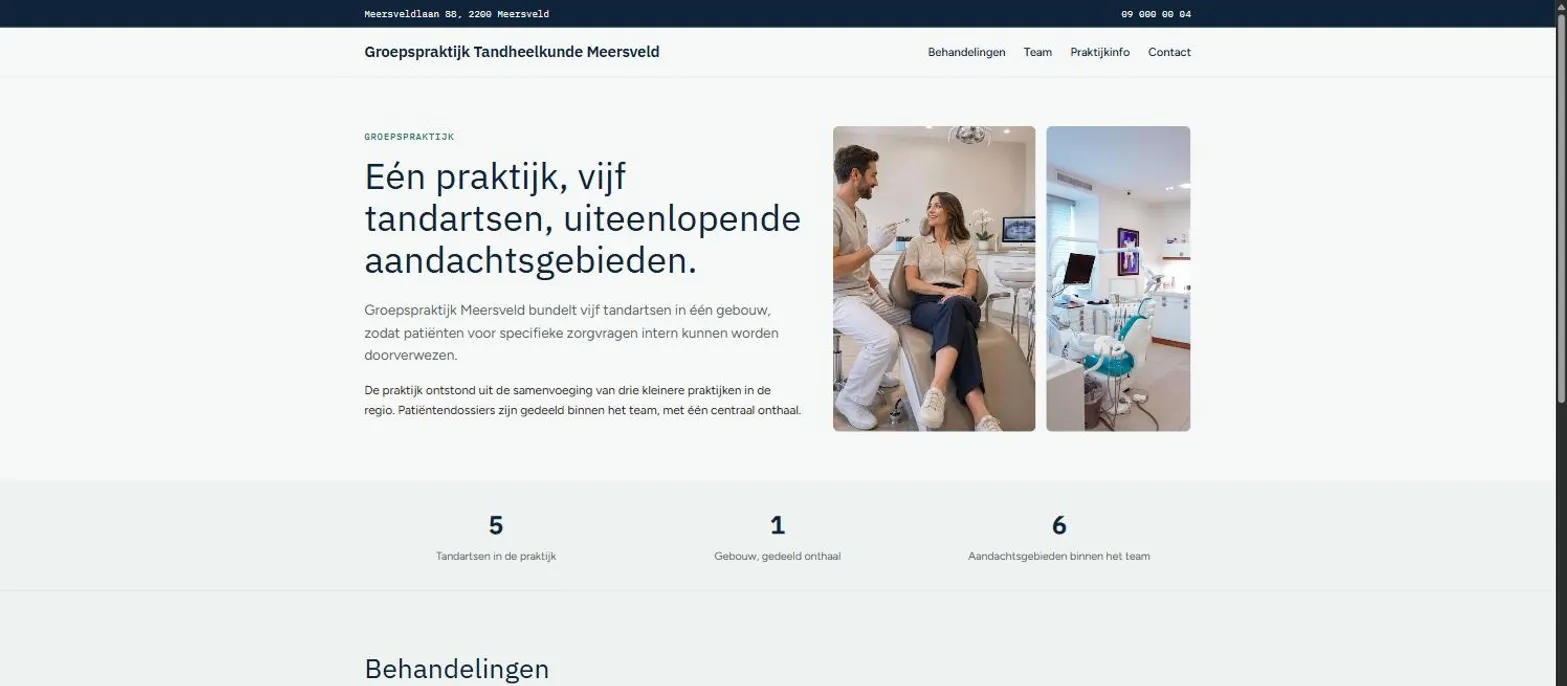 Voorbeeld van de website voor Groepspraktijk Tandheelkunde Meersveld